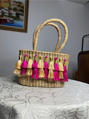 Vintage Straw Tote with Pink & Natural Tassels